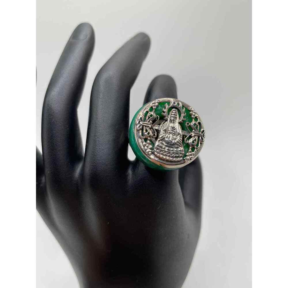Guan Yin 3 in 1 Sterling Silver Ring. 3 Jade inserts. Size 7.75. Buddhist.